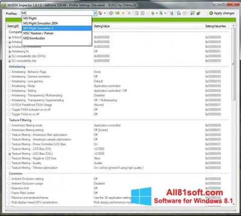 Capture d'écran NVIDIA Inspector pour Windows 8.1