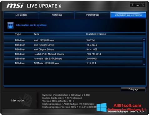 Capture d'écran MSI Live Update pour Windows 8.1