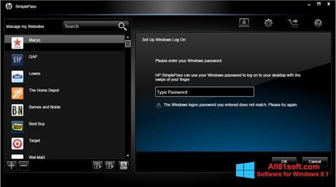 Capture d'écran HP SimplePass pour Windows 8.1